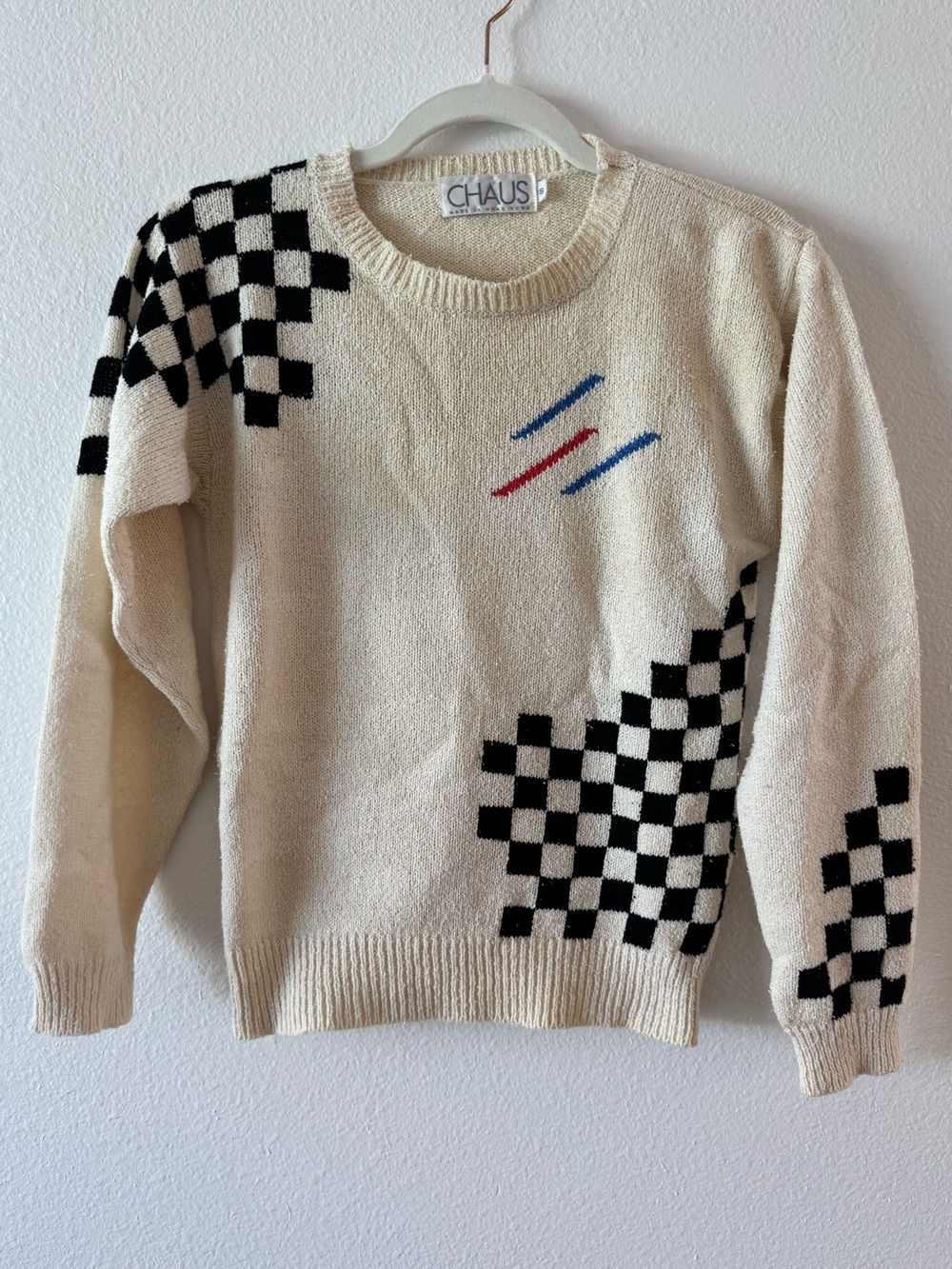 Vintage CHAUS Cream Knit Sweater with Black Checkered Pattern